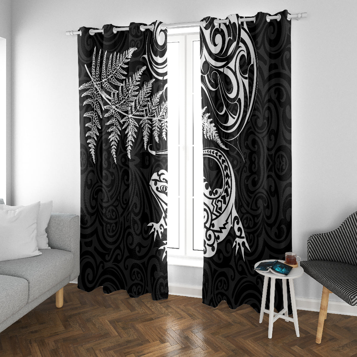 New Zealand Tuatara Tribal Tattoo Window Curtain Silver Fern and Maori Pattern Black Color LT03 With Grommets Black - Polynesian Pride