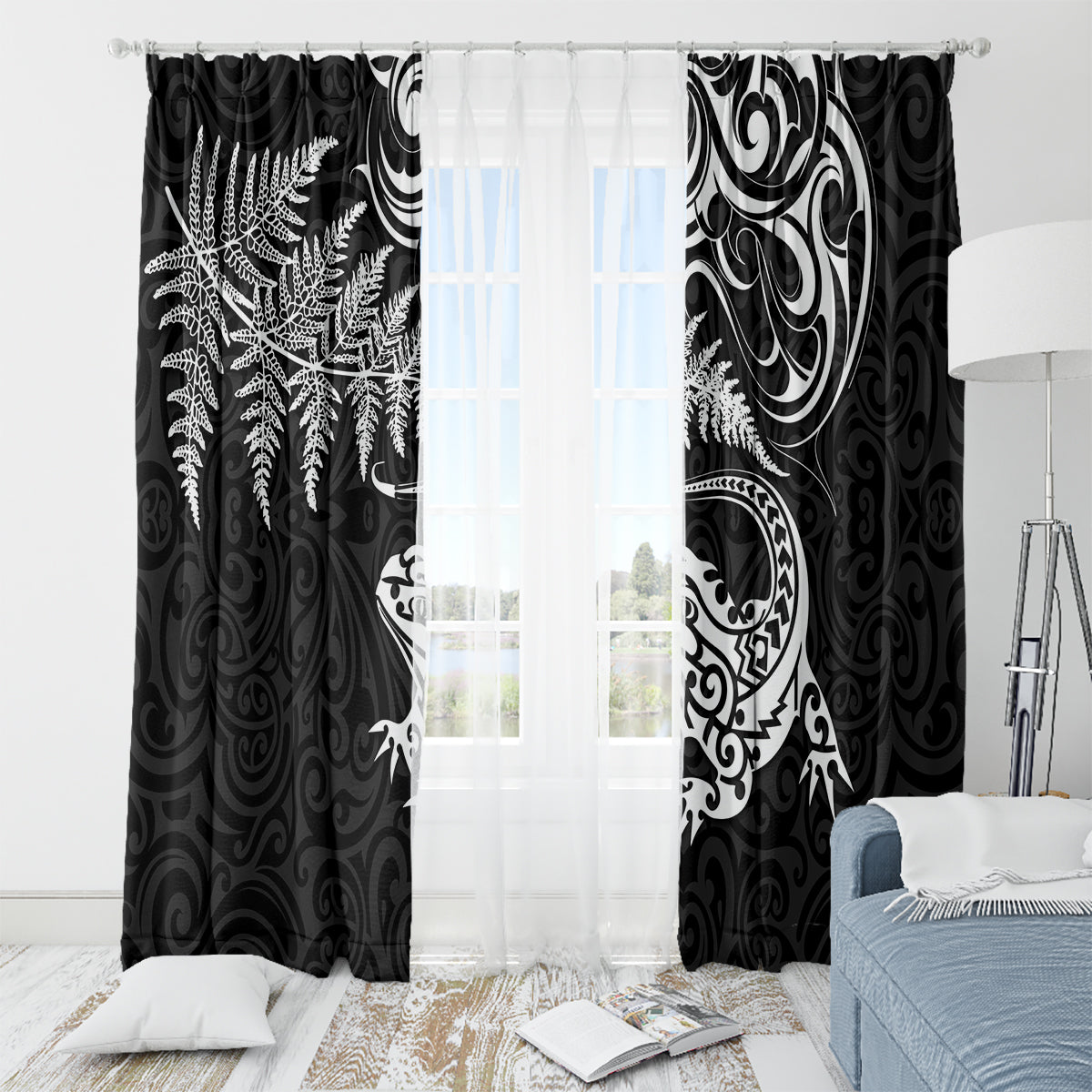 New Zealand Tuatara Tribal Tattoo Window Curtain Silver Fern and Maori Pattern Black Color LT03 - Polynesian Pride