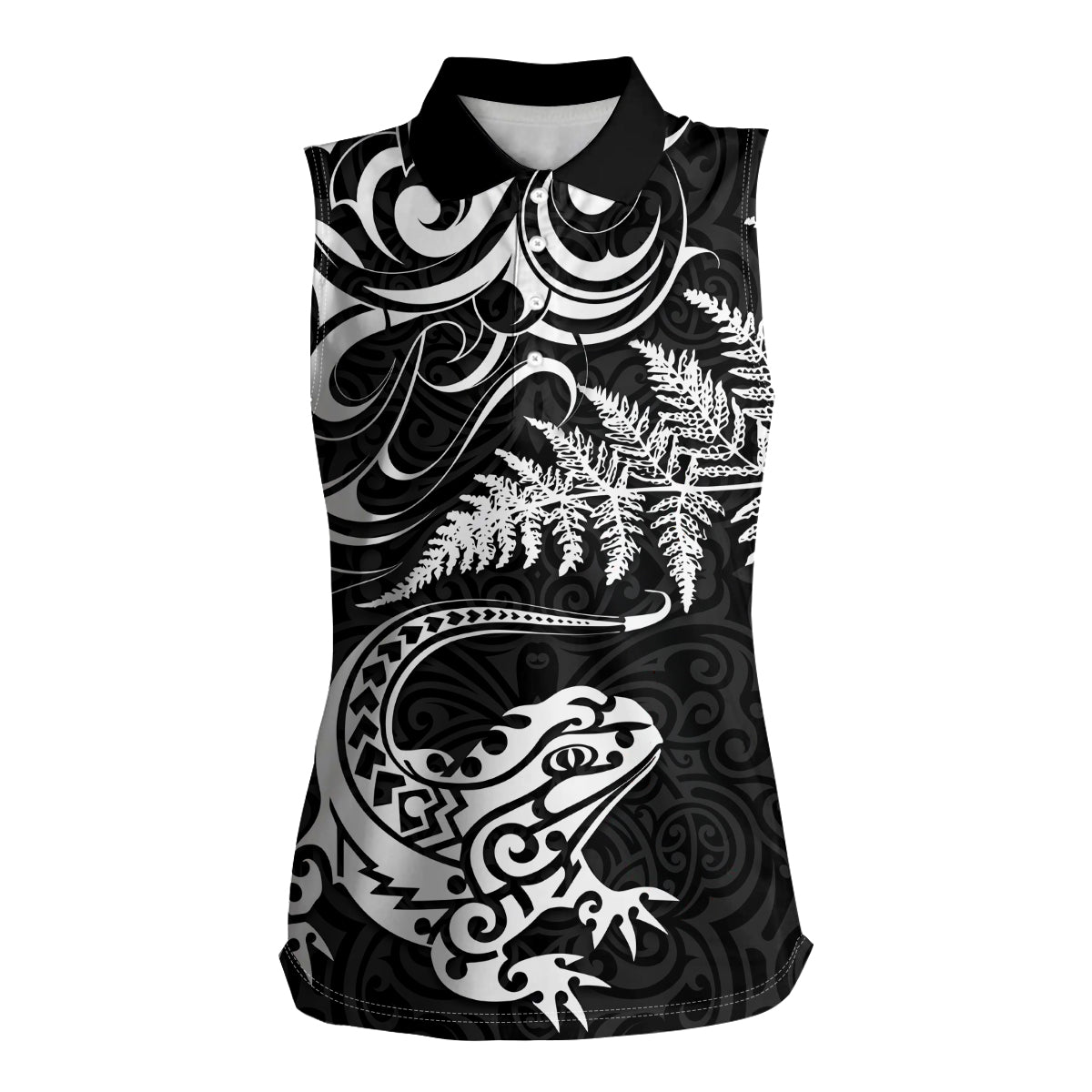 New Zealand Tuatara Tribal Tattoo Women Sleeveless Polo Shirt Silver Fern and Maori Pattern Black Color LT03 Female Black - Polynesian Pride