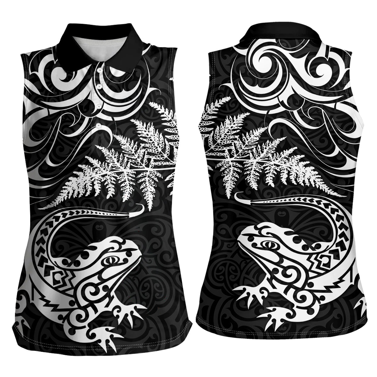 New Zealand Tuatara Tribal Tattoo Women Sleeveless Polo Shirt Silver Fern and Maori Pattern Black Color LT03 - Polynesian Pride