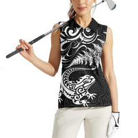 New Zealand Tuatara Tribal Tattoo Women Sleeveless Polo Shirt Silver Fern and Maori Pattern Black Color LT03 - Polynesian Pride