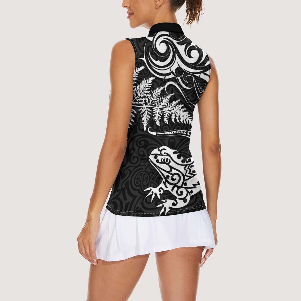 New Zealand Tuatara Tribal Tattoo Women Sleeveless Polo Shirt Silver Fern and Maori Pattern Black Color LT03 - Polynesian Pride
