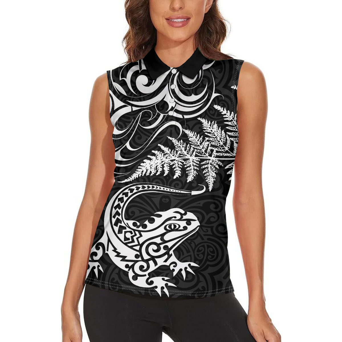 New Zealand Tuatara Tribal Tattoo Women Sleeveless Polo Shirt Silver Fern and Maori Pattern Black Color LT03 - Polynesian Pride