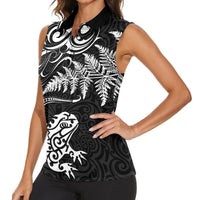 New Zealand Tuatara Tribal Tattoo Women Sleeveless Polo Shirt Silver Fern and Maori Pattern Black Color LT03 - Polynesian Pride