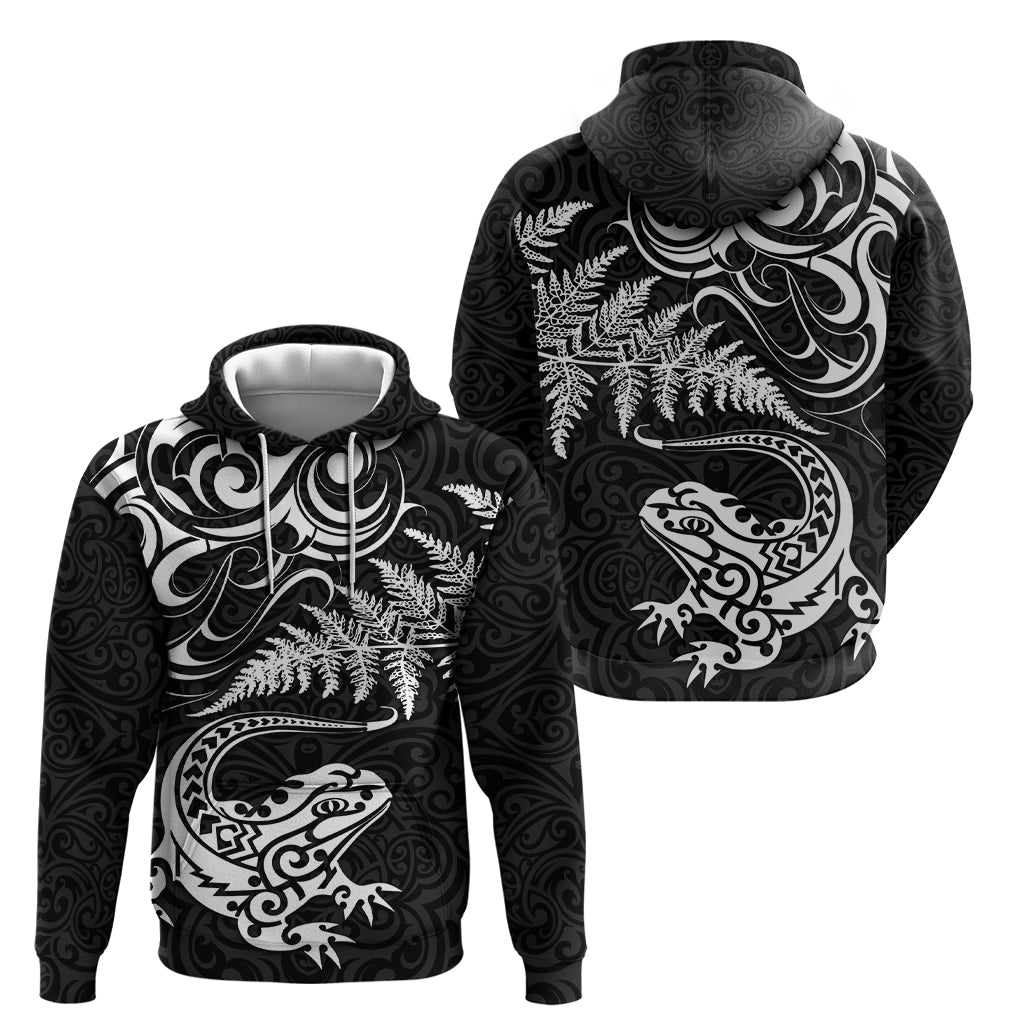 New Zealand Tuatara Tribal Tattoo Zip Hoodie Silver Fern and Maori Pattern Black Color LT03 - Polynesian Pride