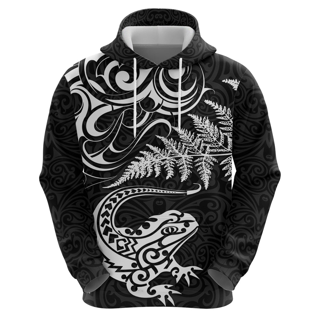 New Zealand Tuatara Tribal Tattoo Zip Hoodie Silver Fern and Maori Pattern Black Color LT03 - Polynesian Pride