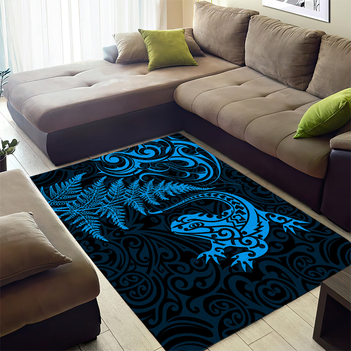 New Zealand Tuatara Tribal Tattoo Area Rug Silver Fern and Maori Pattern Blue Color LT03 - Polynesian Pride