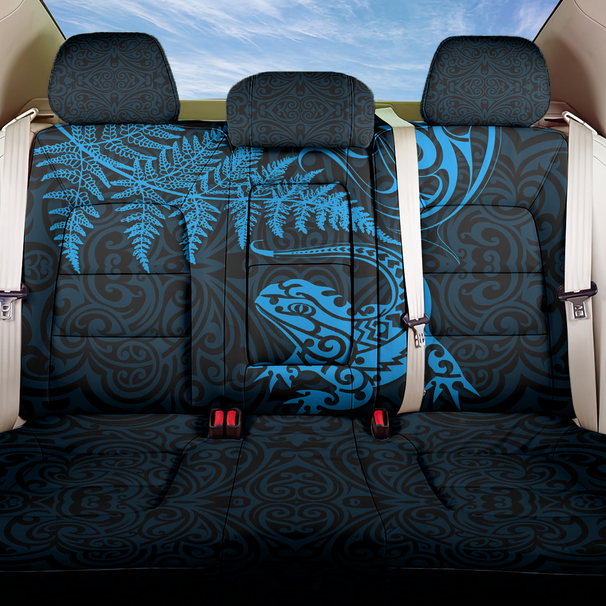 New Zealand Tuatara Tribal Tattoo Back Car Seat Cover Silver Fern and Maori Pattern Blue Color LT03 One Size Blue - Polynesian Pride