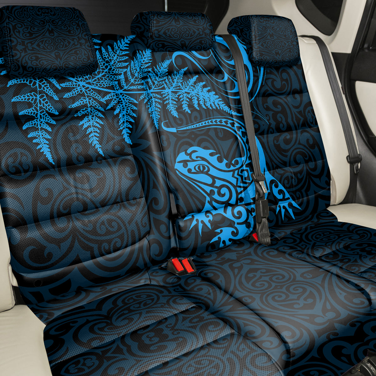 New Zealand Tuatara Tribal Tattoo Back Car Seat Cover Silver Fern and Maori Pattern Blue Color LT03 - Polynesian Pride