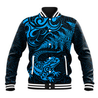 New Zealand Tuatara Tribal Tattoo Baseball Jacket Silver Fern and Maori Pattern Blue Color LT03 Unisex Blue - Polynesian Pride