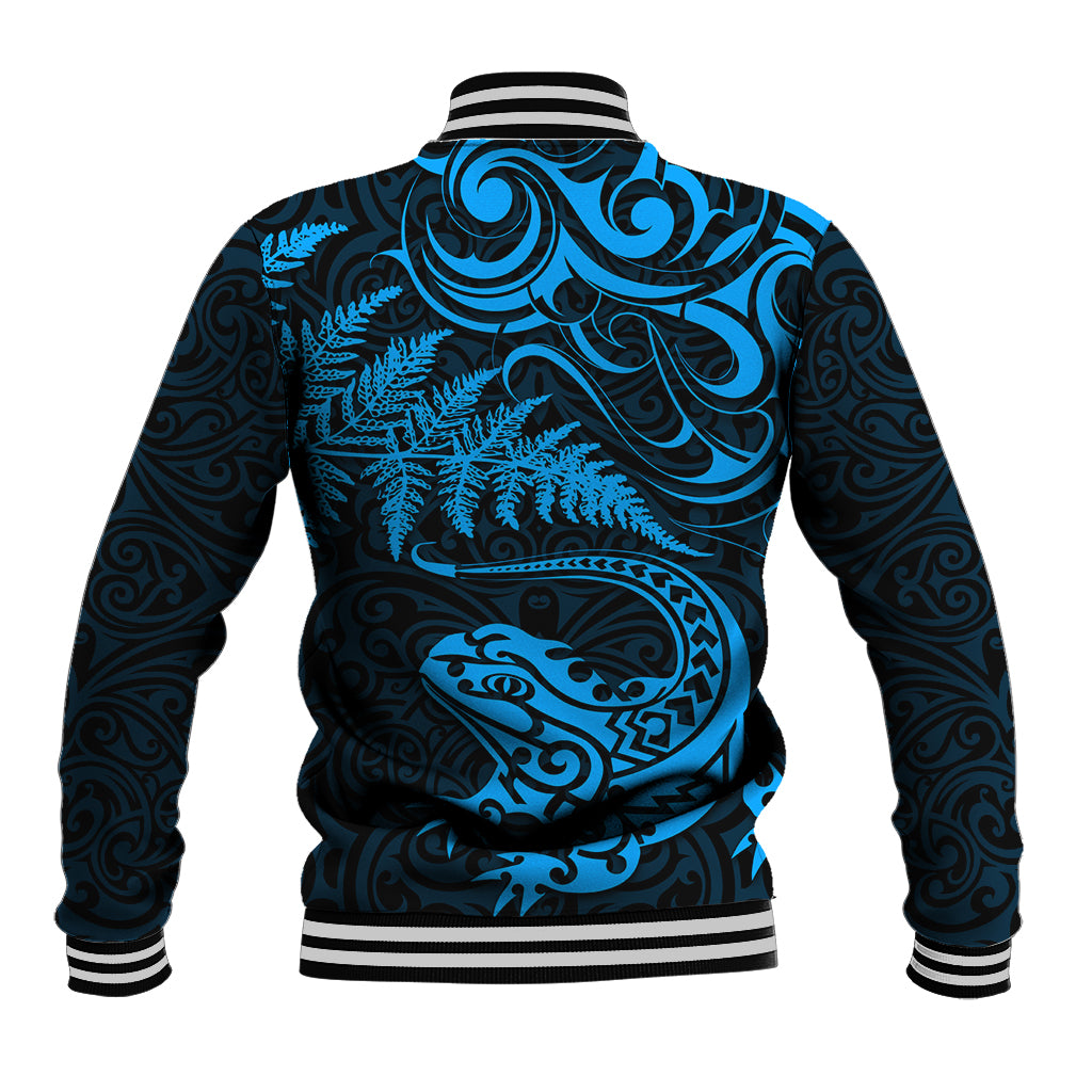 New Zealand Tuatara Tribal Tattoo Baseball Jacket Silver Fern and Maori Pattern Blue Color LT03 - Polynesian Pride