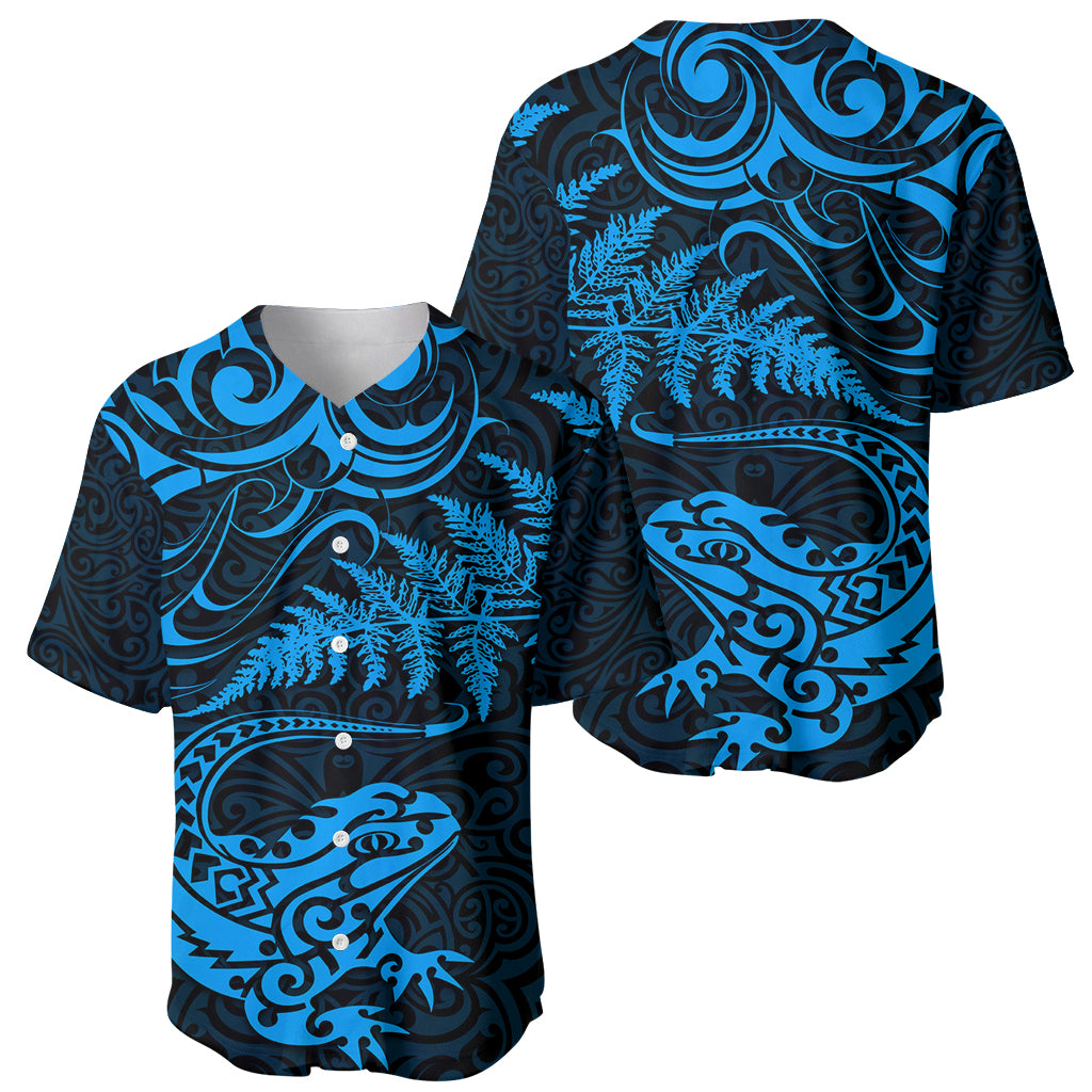 New Zealand Tuatara Tribal Tattoo Baseball Jersey Silver Fern and Maori Pattern Blue Color LT03 - Polynesian Pride