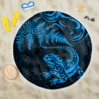 New Zealand Tuatara Tribal Tattoo Beach Blanket Silver Fern and Maori Pattern Blue Color LT03 One Size 150cm Blue - Polynesian Pride