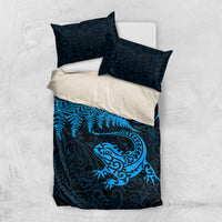 New Zealand Tuatara Tribal Tattoo Bedding Set Silver Fern and Maori Pattern Blue Color