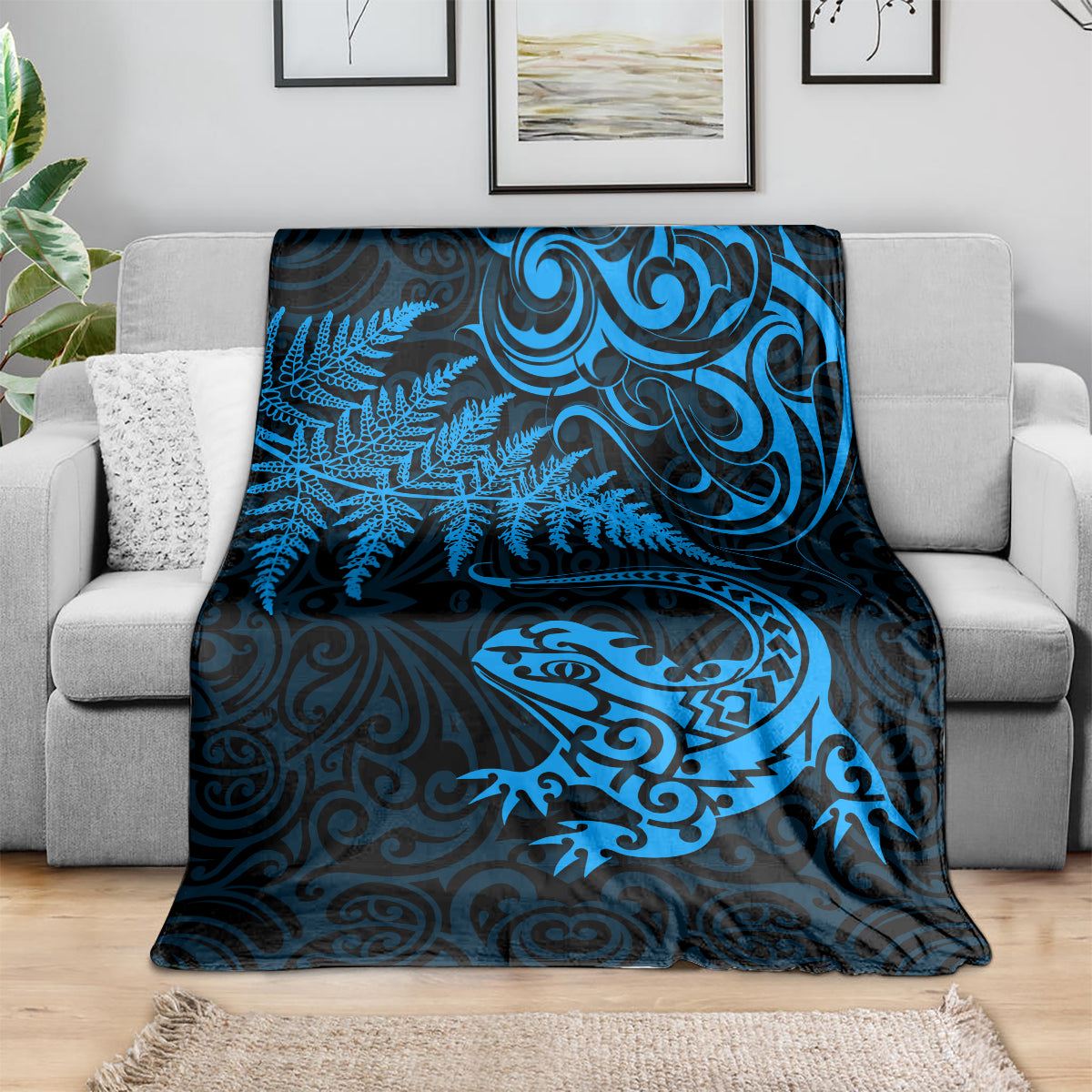 New Zealand Tuatara Tribal Tattoo Blanket Silver Fern and Maori Pattern Blue Color LT03 - Polynesian Pride
