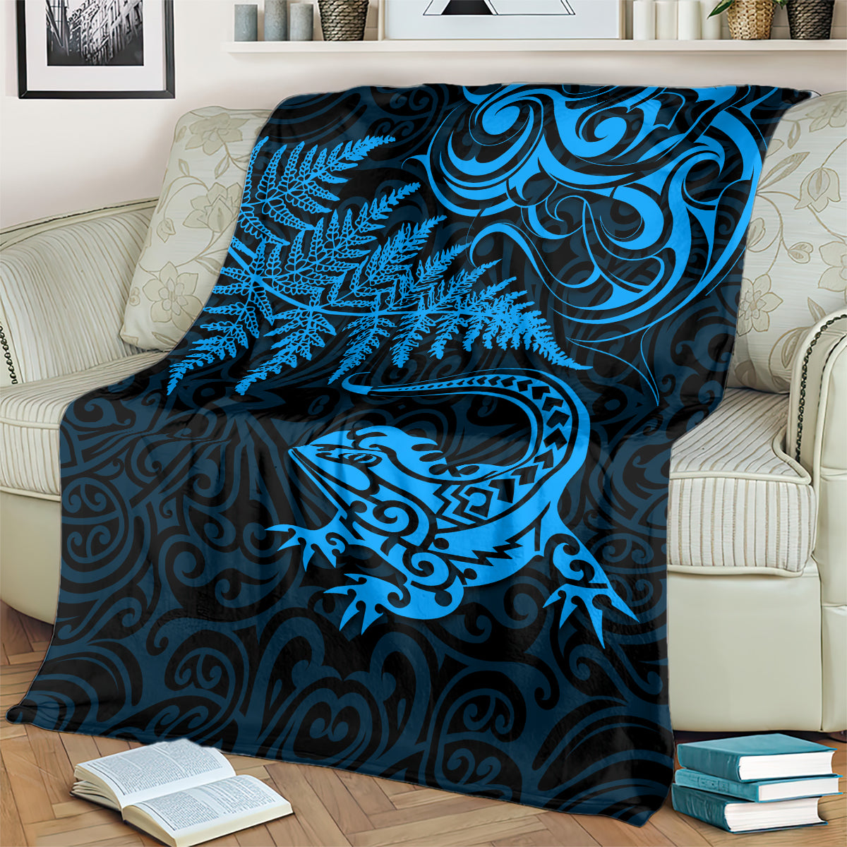 New Zealand Tuatara Tribal Tattoo Blanket Silver Fern and Maori Pattern Blue Color LT03 - Polynesian Pride