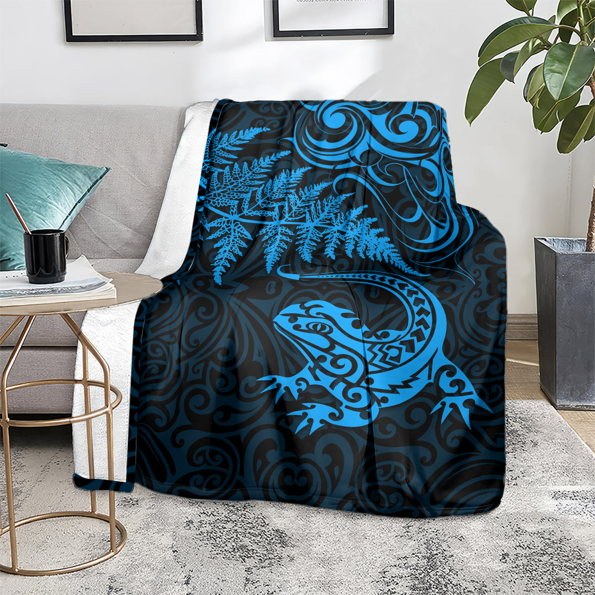 New Zealand Tuatara Tribal Tattoo Blanket Silver Fern and Maori Pattern Blue Color LT03 - Polynesian Pride