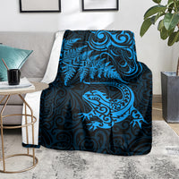 New Zealand Tuatara Tribal Tattoo Blanket Silver Fern and Maori Pattern Blue Color LT03 - Polynesian Pride