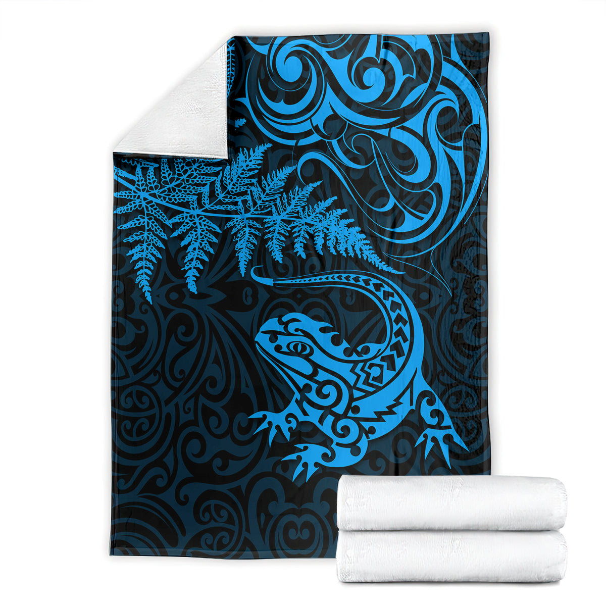 New Zealand Tuatara Tribal Tattoo Blanket Silver Fern and Maori Pattern Blue Color LT03 - Polynesian Pride