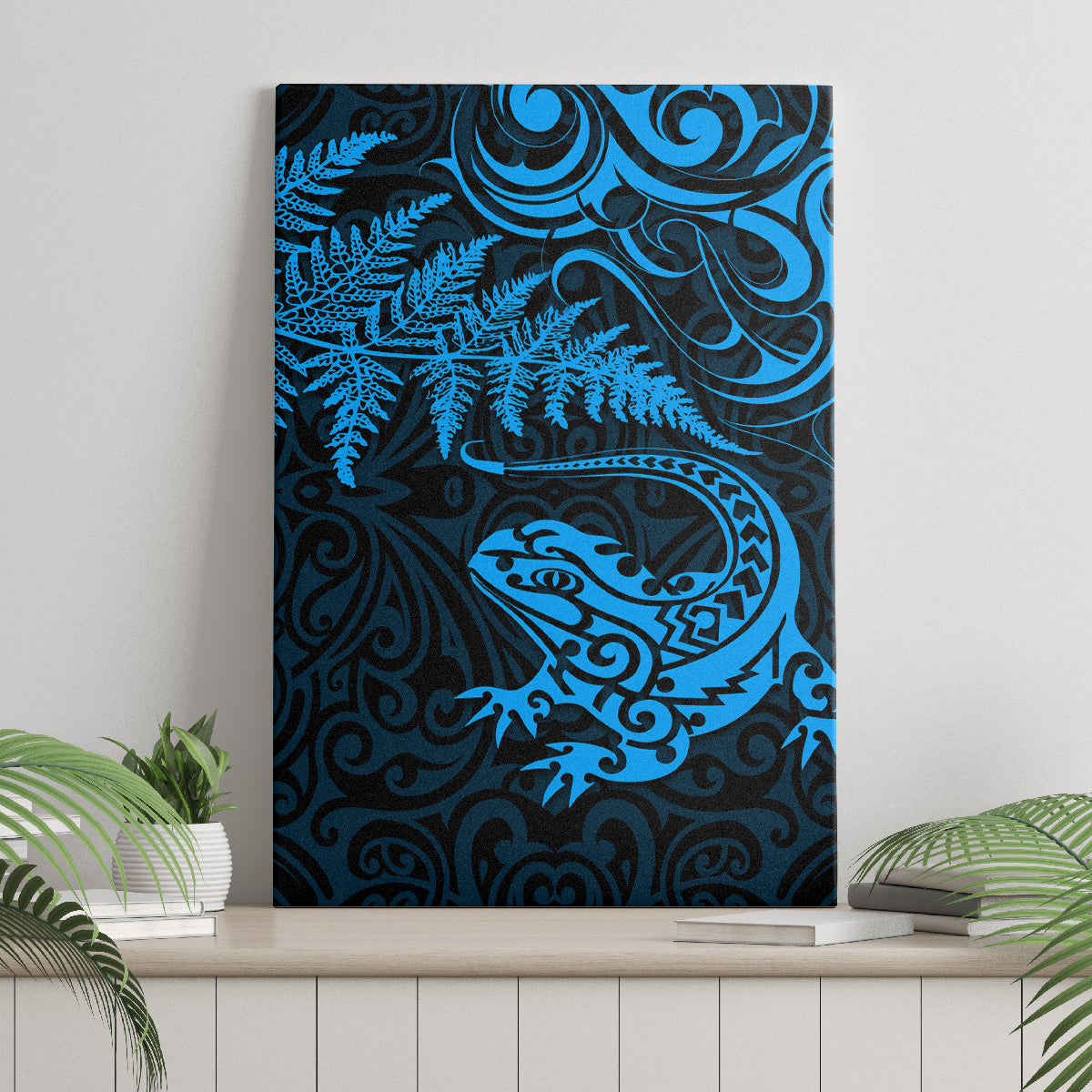 New Zealand Tuatara Tribal Tattoo Canvas Wall Art Silver Fern and Maori Pattern Blue Color LT03 - Polynesian Pride