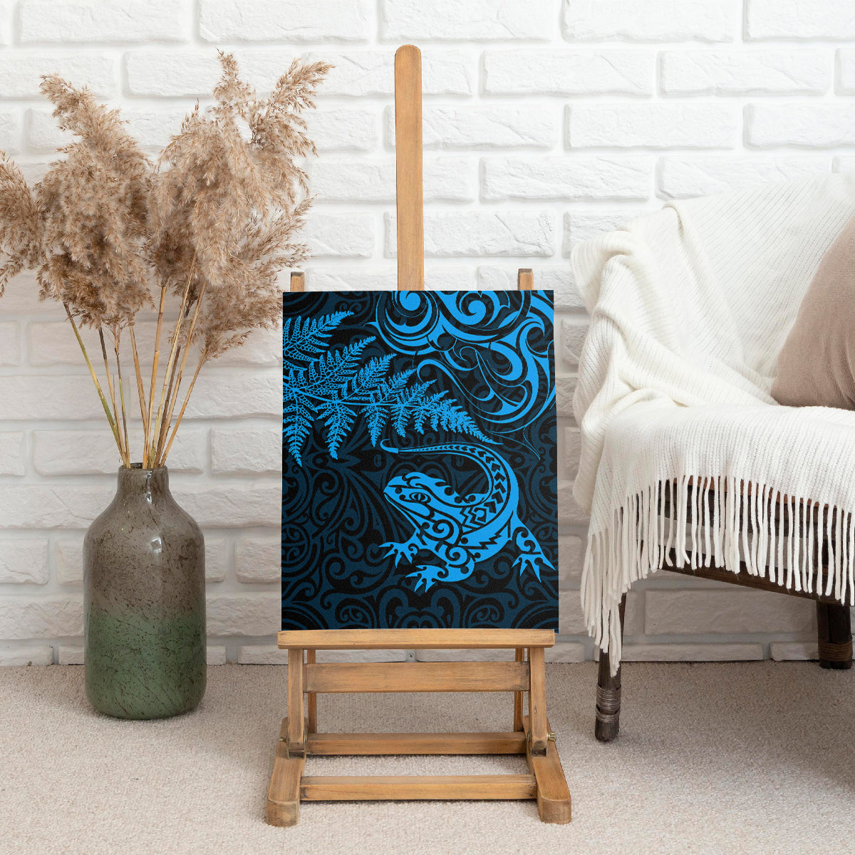 New Zealand Tuatara Tribal Tattoo Canvas Wall Art Silver Fern and Maori Pattern Blue Color LT03 - Polynesian Pride