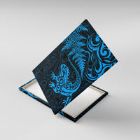 New Zealand Tuatara Tribal Tattoo Canvas Wall Art Silver Fern and Maori Pattern Blue Color LT03 With Frame Blue - Polynesian Pride