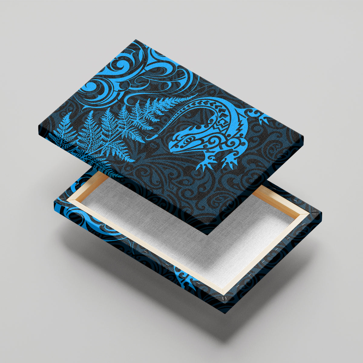 New Zealand Tuatara Tribal Tattoo Canvas Wall Art Silver Fern and Maori Pattern Blue Color LT03 - Polynesian Pride