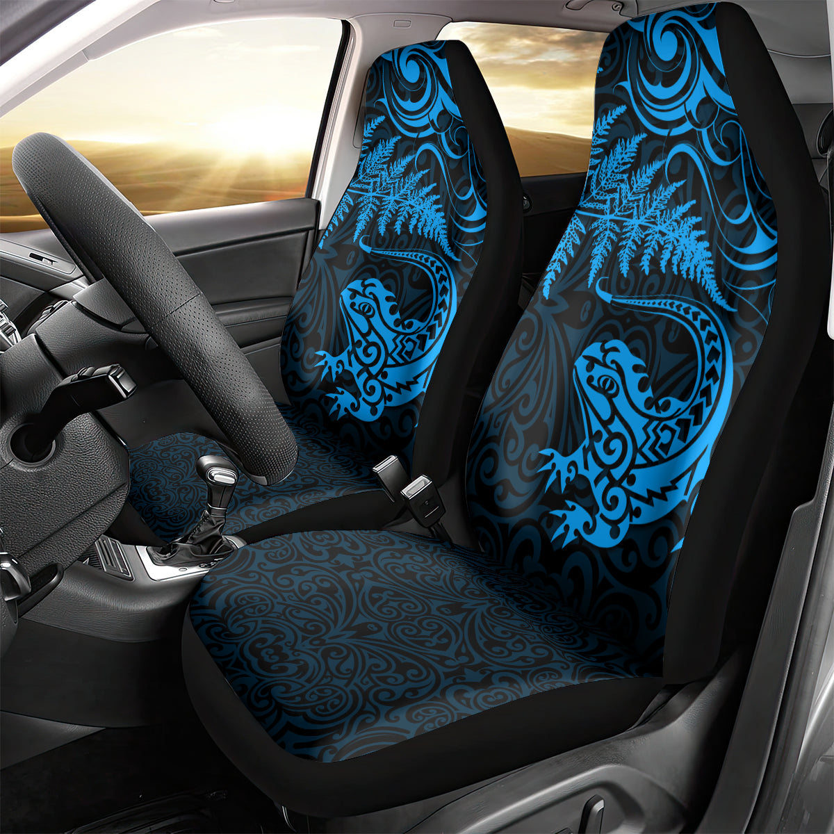 New Zealand Tuatara Tribal Tattoo Car Seat Cover Silver Fern and Maori Pattern Blue Color LT03 - Polynesian Pride