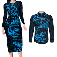 New Zealand Tuatara Tribal Tattoo Couples Matching Long Sleeve Bodycon Dress and Long Sleeve Button Shirt Silver Fern and Maori Pattern Blue Color LT03 Blue - Polynesian Pride