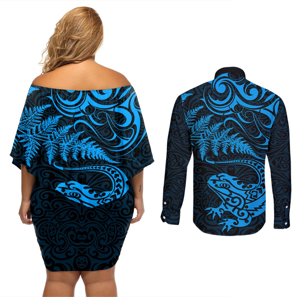 New Zealand Tuatara Tribal Tattoo Couples Matching Off Shoulder Short Dress and Long Sleeve Button Shirt Silver Fern and Maori Pattern Blue Color LT03 - Polynesian Pride