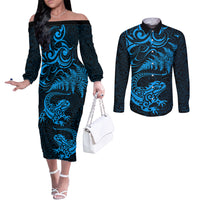 New Zealand Tuatara Tribal Tattoo Couples Matching Off The Shoulder Long Sleeve Dress and Long Sleeve Button Shirt Silver Fern and Maori Pattern Blue Color LT03 Blue - Polynesian Pride