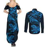 New Zealand Tuatara Tribal Tattoo Couples Matching Summer Maxi Dress and Long Sleeve Button Shirt Silver Fern and Maori Pattern Blue Color LT03 - Polynesian Pride
