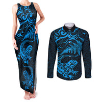 New Zealand Tuatara Tribal Tattoo Couples Matching Tank Maxi Dress and Long Sleeve Button Shirt Silver Fern and Maori Pattern Blue Color LT03 Blue - Polynesian Pride