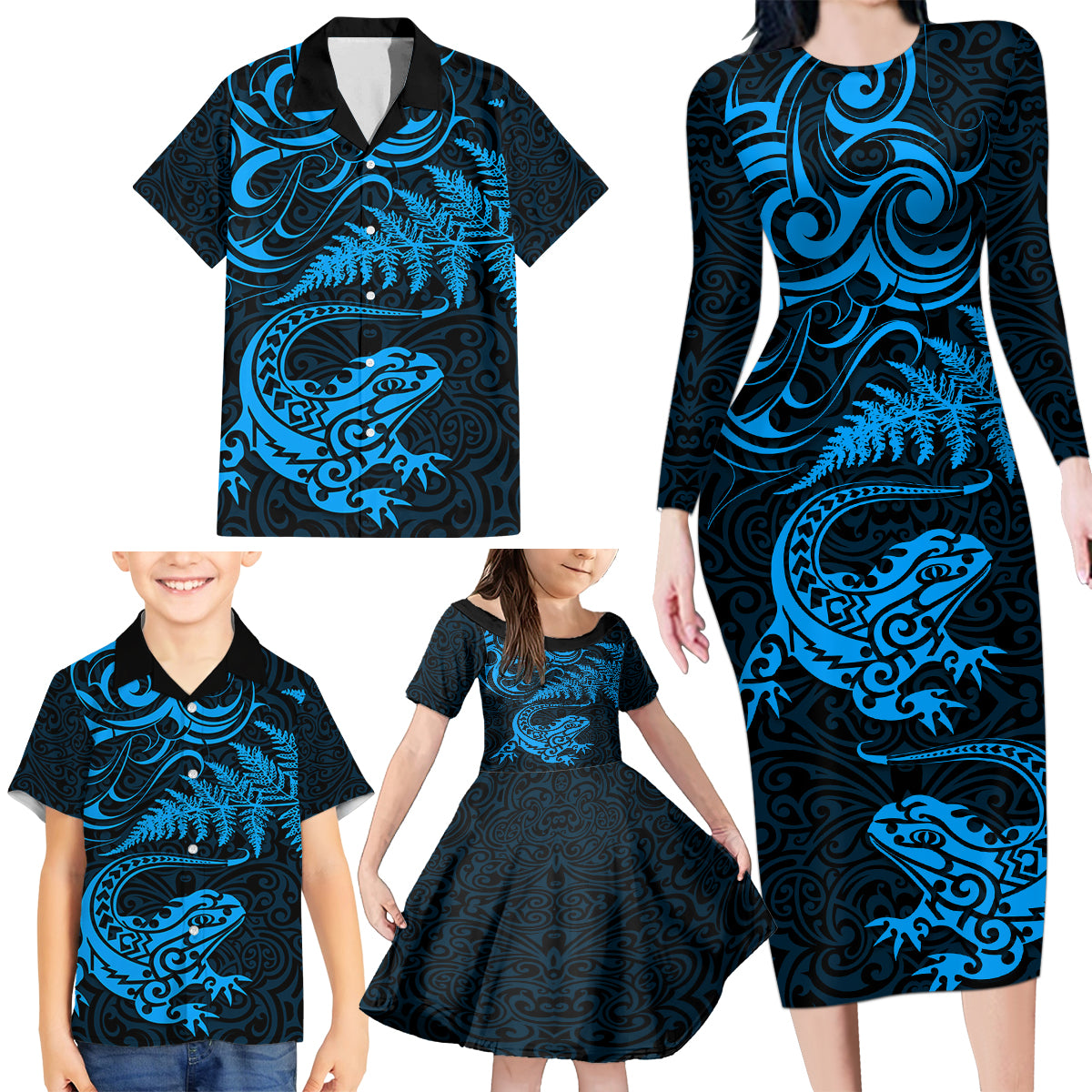 New Zealand Tuatara Tribal Tattoo Family Matching Long Sleeve Bodycon Dress and Hawaiian Shirt Silver Fern and Maori Pattern Blue Color LT03 - Polynesian Pride