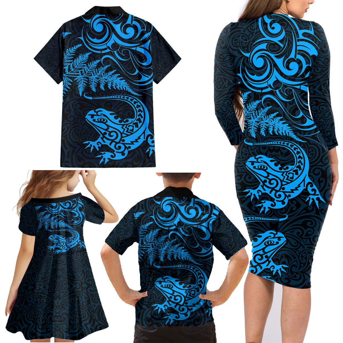 New Zealand Tuatara Tribal Tattoo Family Matching Long Sleeve Bodycon Dress and Hawaiian Shirt Silver Fern and Maori Pattern Blue Color LT03 - Polynesian Pride