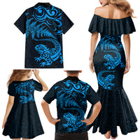 New Zealand Tuatara Tribal Tattoo Family Matching Mermaid Dress and Hawaiian Shirt Silver Fern and Maori Pattern Blue Color LT03 - Polynesian Pride