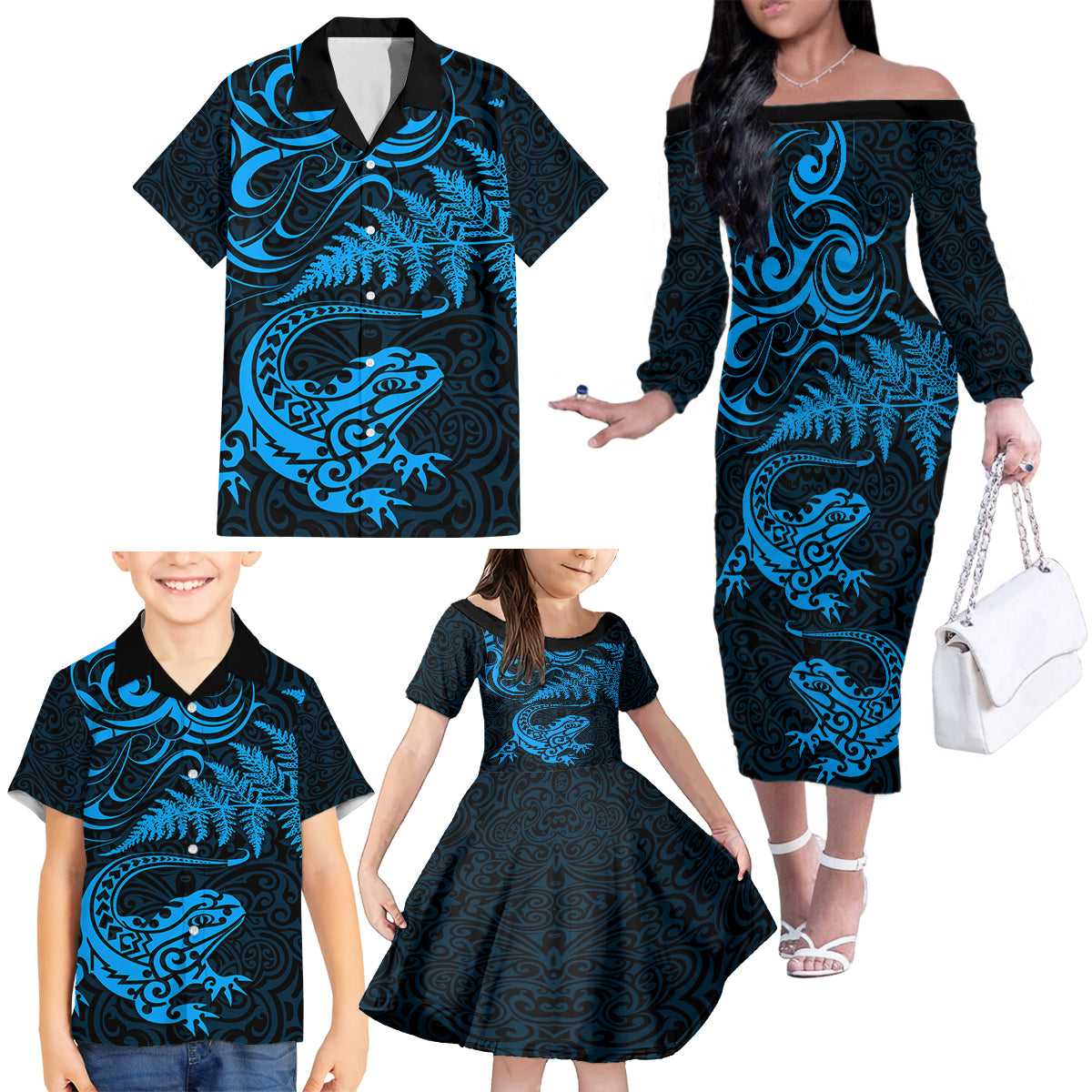 New Zealand Tuatara Tribal Tattoo Family Matching Off The Shoulder Long Sleeve Dress and Hawaiian Shirt Silver Fern and Maori Pattern Blue Color LT03 - Polynesian Pride