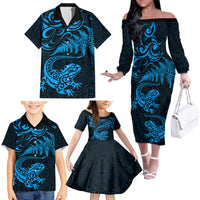 New Zealand Tuatara Tribal Tattoo Family Matching Off The Shoulder Long Sleeve Dress and Hawaiian Shirt Silver Fern and Maori Pattern Blue Color LT03 - Polynesian Pride