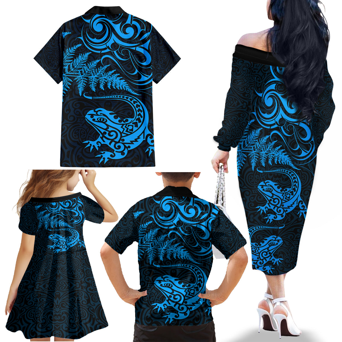 New Zealand Tuatara Tribal Tattoo Family Matching Off The Shoulder Long Sleeve Dress and Hawaiian Shirt Silver Fern and Maori Pattern Blue Color LT03 - Polynesian Pride