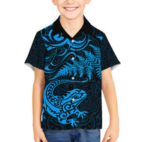 New Zealand Tuatara Tribal Tattoo Family Matching Off The Shoulder Long Sleeve Dress and Hawaiian Shirt Silver Fern and Maori Pattern Blue Color LT03 Son's Shirt Blue - Polynesian Pride