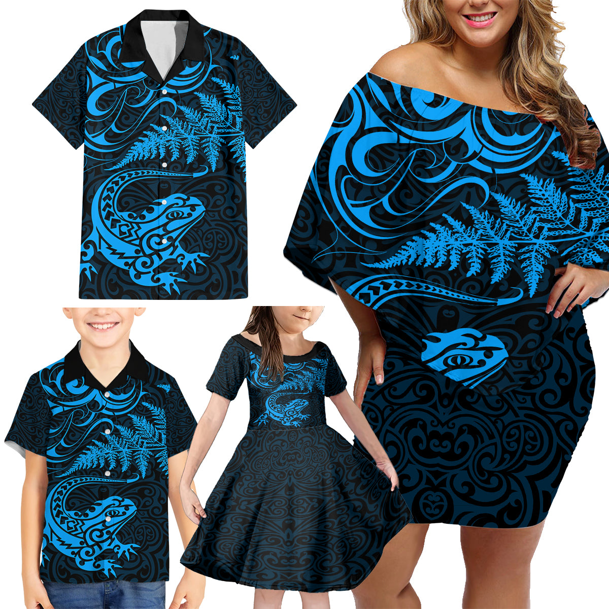 New Zealand Tuatara Tribal Tattoo Family Matching Off Shoulder Short Dress and Hawaiian Shirt Silver Fern and Maori Pattern Blue Color LT03 - Polynesian Pride