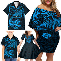 New Zealand Tuatara Tribal Tattoo Family Matching Off Shoulder Short Dress and Hawaiian Shirt Silver Fern and Maori Pattern Blue Color LT03 - Polynesian Pride