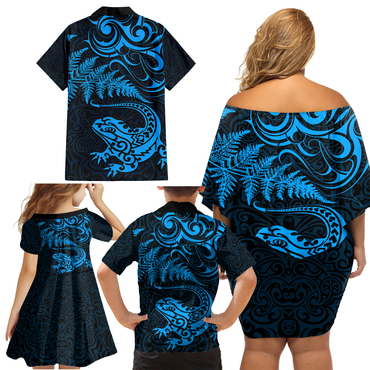 New Zealand Tuatara Tribal Tattoo Family Matching Off Shoulder Short Dress and Hawaiian Shirt Silver Fern and Maori Pattern Blue Color LT03 - Polynesian Pride