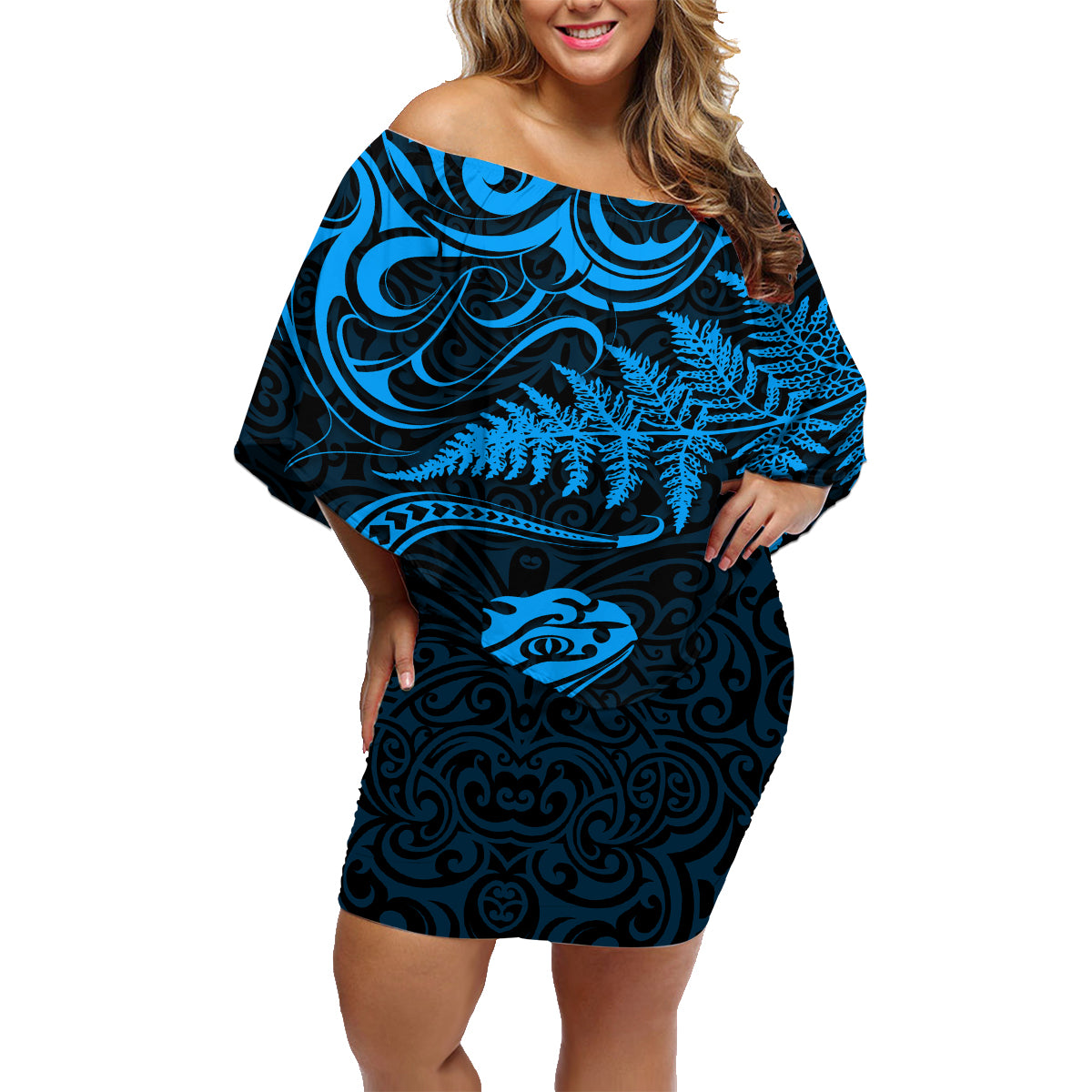New Zealand Tuatara Tribal Tattoo Family Matching Off Shoulder Short Dress and Hawaiian Shirt Silver Fern and Maori Pattern Blue Color LT03 Mom's Dress Blue - Polynesian Pride
