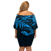 New Zealand Tuatara Tribal Tattoo Family Matching Off Shoulder Short Dress and Hawaiian Shirt Silver Fern and Maori Pattern Blue Color LT03 - Polynesian Pride