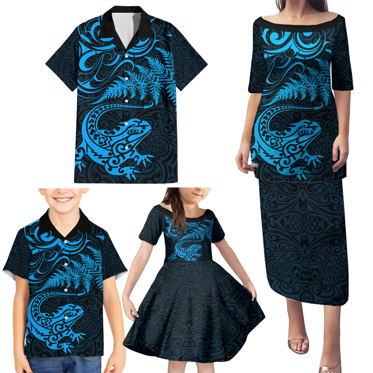 New Zealand Tuatara Tribal Tattoo Family Matching Puletasi and Hawaiian Shirt Silver Fern and Maori Pattern Blue Color LT03 - Polynesian Pride