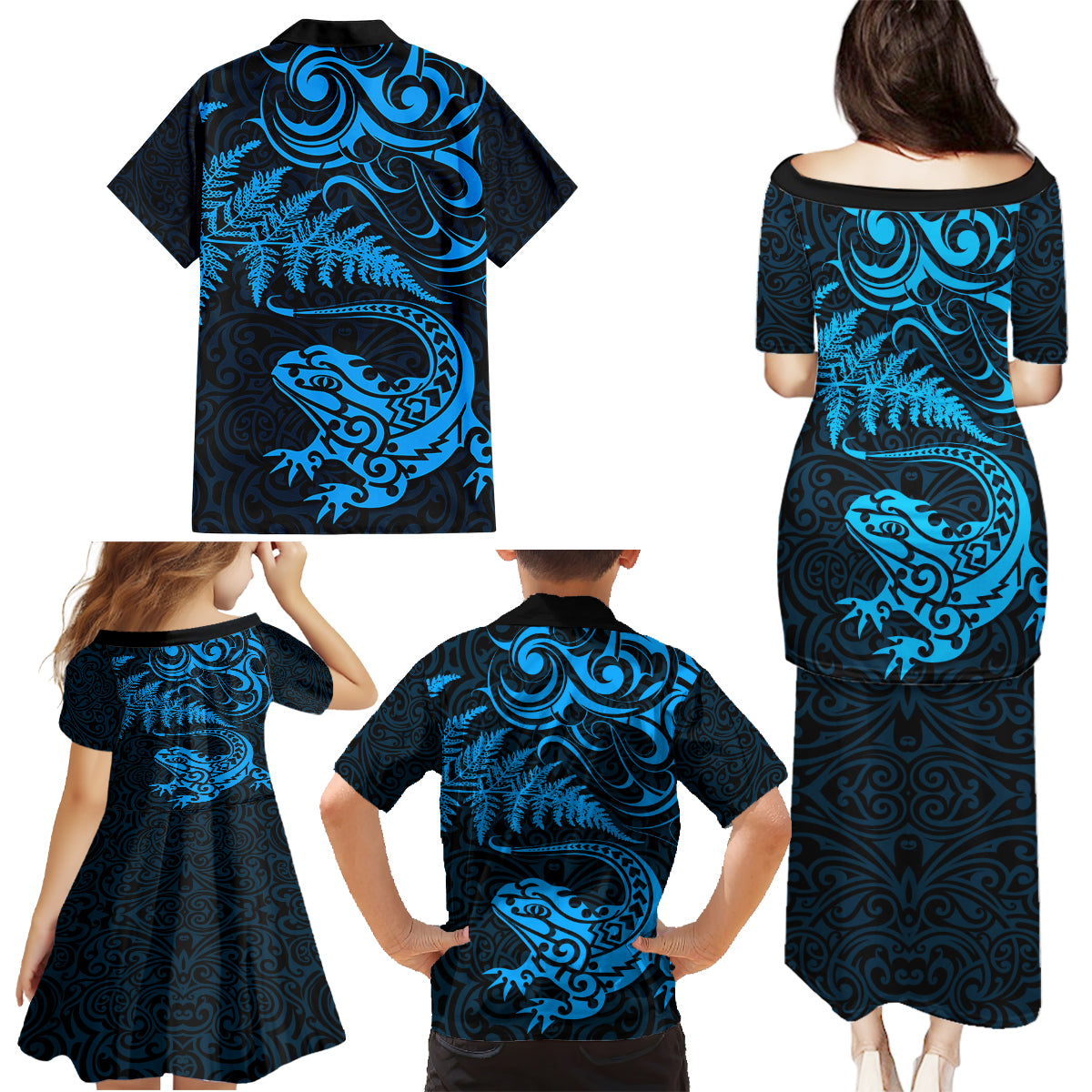 New Zealand Tuatara Tribal Tattoo Family Matching Puletasi and Hawaiian Shirt Silver Fern and Maori Pattern Blue Color LT03 - Polynesian Pride