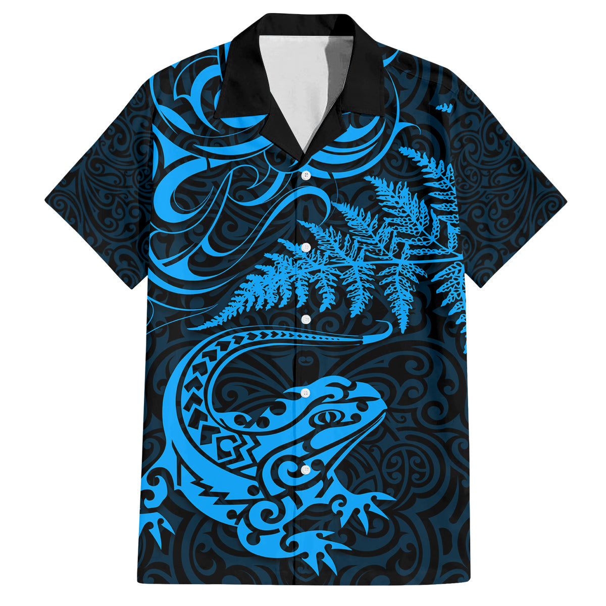 New Zealand Tuatara Tribal Tattoo Family Matching Puletasi and Hawaiian Shirt Silver Fern and Maori Pattern Blue Color LT03 Dad's Shirt - Short Sleeve Blue - Polynesian Pride