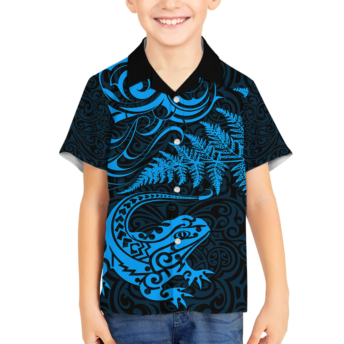 New Zealand Tuatara Tribal Tattoo Family Matching Puletasi and Hawaiian Shirt Silver Fern and Maori Pattern Blue Color LT03 Son's Shirt Blue - Polynesian Pride