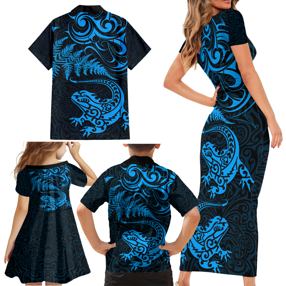 New Zealand Tuatara Tribal Tattoo Family Matching Short Sleeve Bodycon Dress and Hawaiian Shirt Silver Fern and Maori Pattern Blue Color LT03 - Polynesian Pride